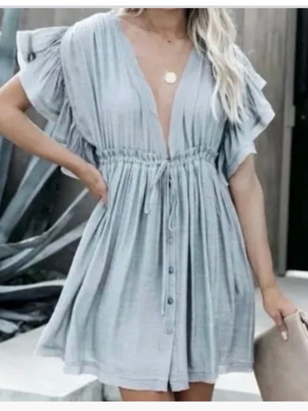 Vici Olive Green V-Neck Drawstring Mini Dress